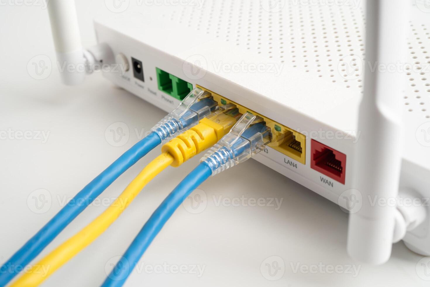 Ethernet cable with wireless router connect to internet service provider internet network. photo