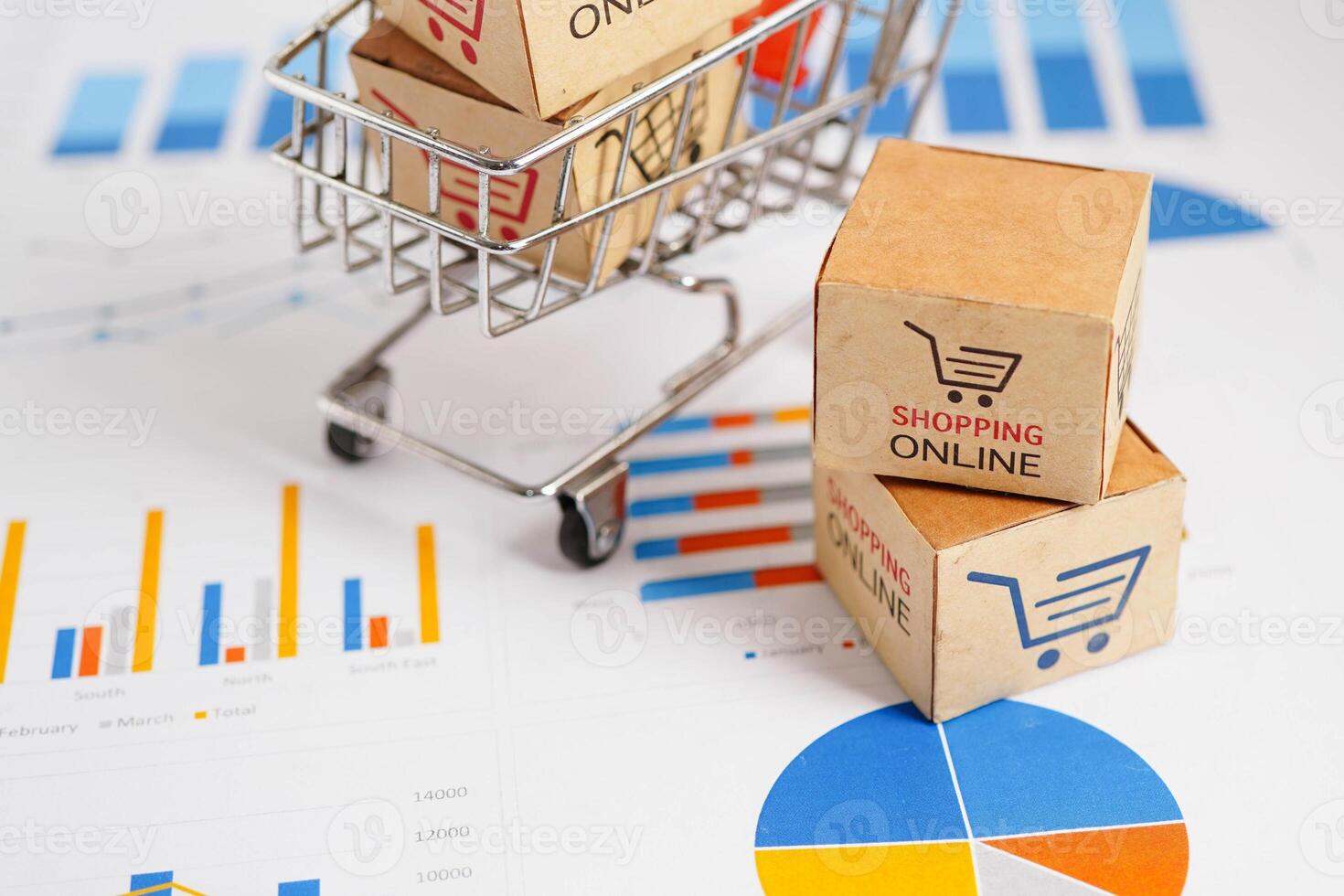 Online shopping, Shopping cart box on business graph, import export, finance commerce. photo