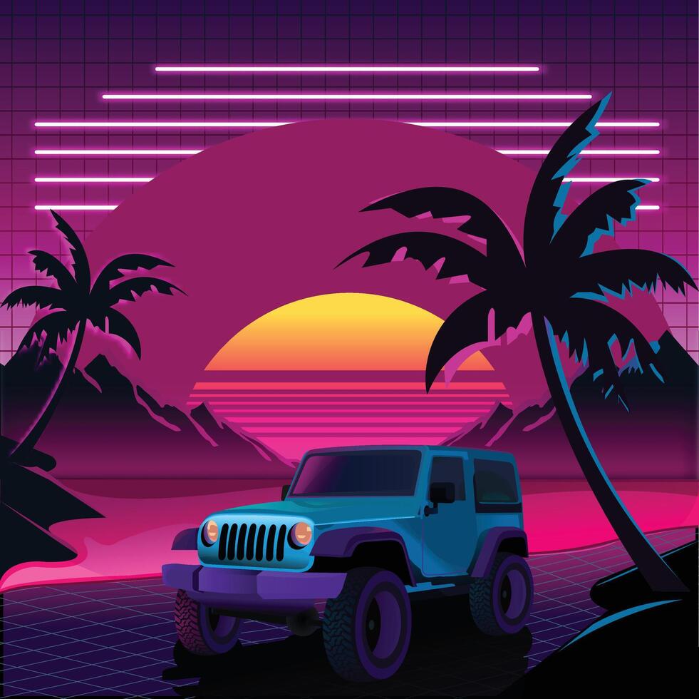 retro style jeep driving on the beach at sunset vector