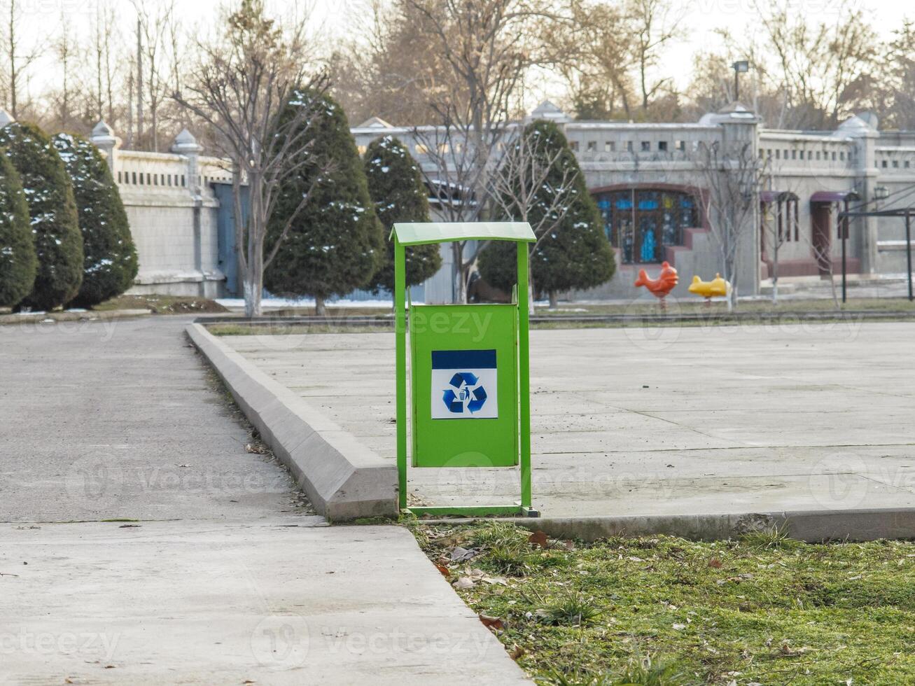 Garbage containers in the city environmental protection theme photo