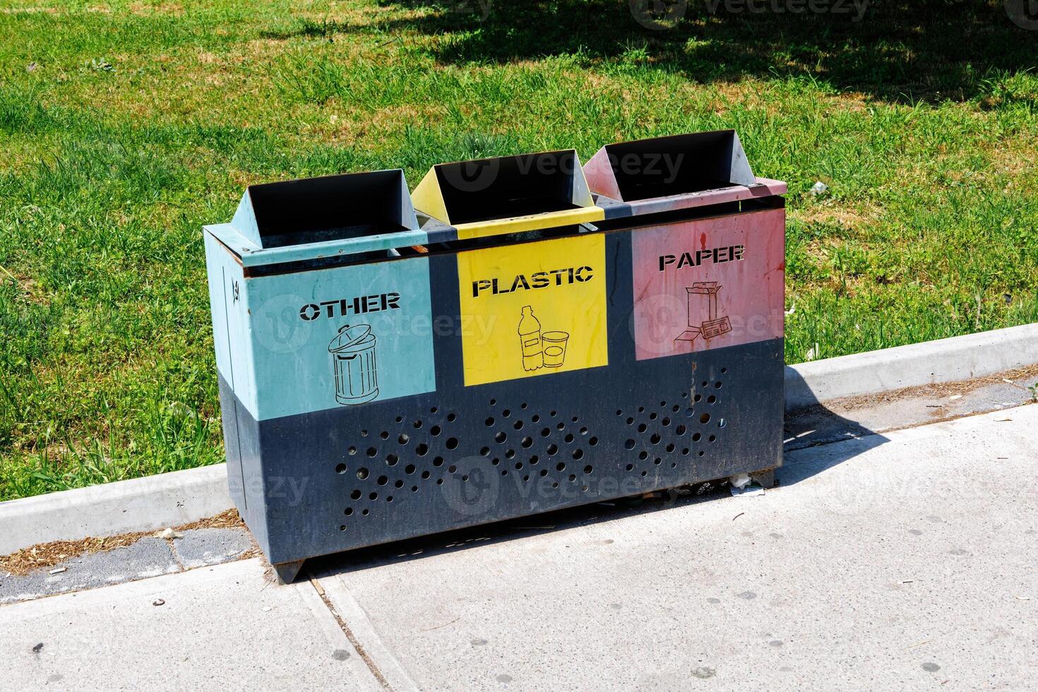 Garbage containers in the city environmental protection theme photo