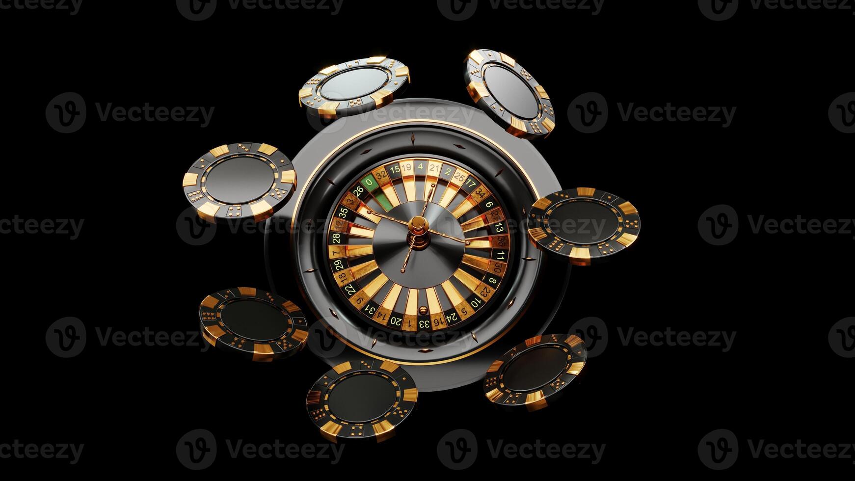 Casino chips, cubes, roulette, drum on dark black background - 3d render. Flying chip for online casinos and mobile gambling applications, poker - winner, wealth concept. photo