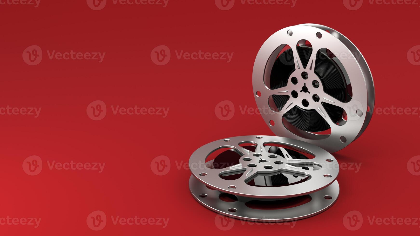 Watching entertainment online media, movies in the cinema online -3d render. Popcorn bucket, clapperboard, film reel and reel, 3D glasses and movie tickets. Poster for cinema advertising. photo