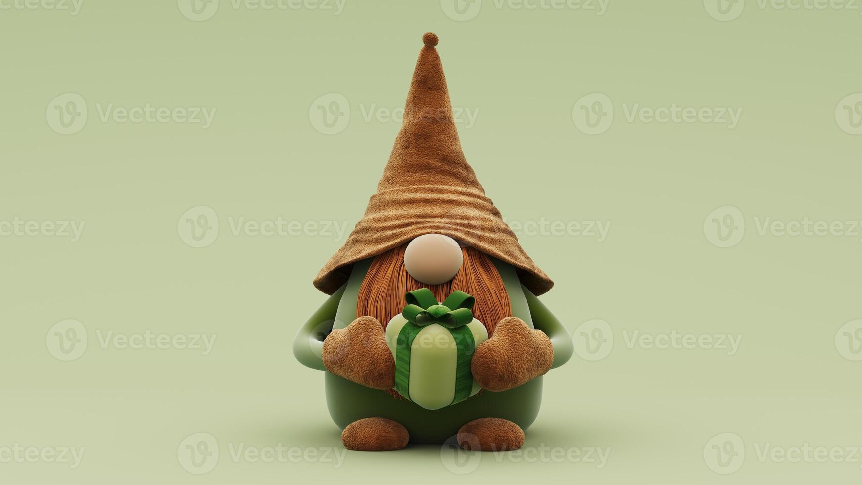 A charming 3d render illustration of a St. Patrick's Day gnome holding a lucky shamrock. Background with clovers, gold coins, and a cheerful leprechaun. Irish tradition character. photo