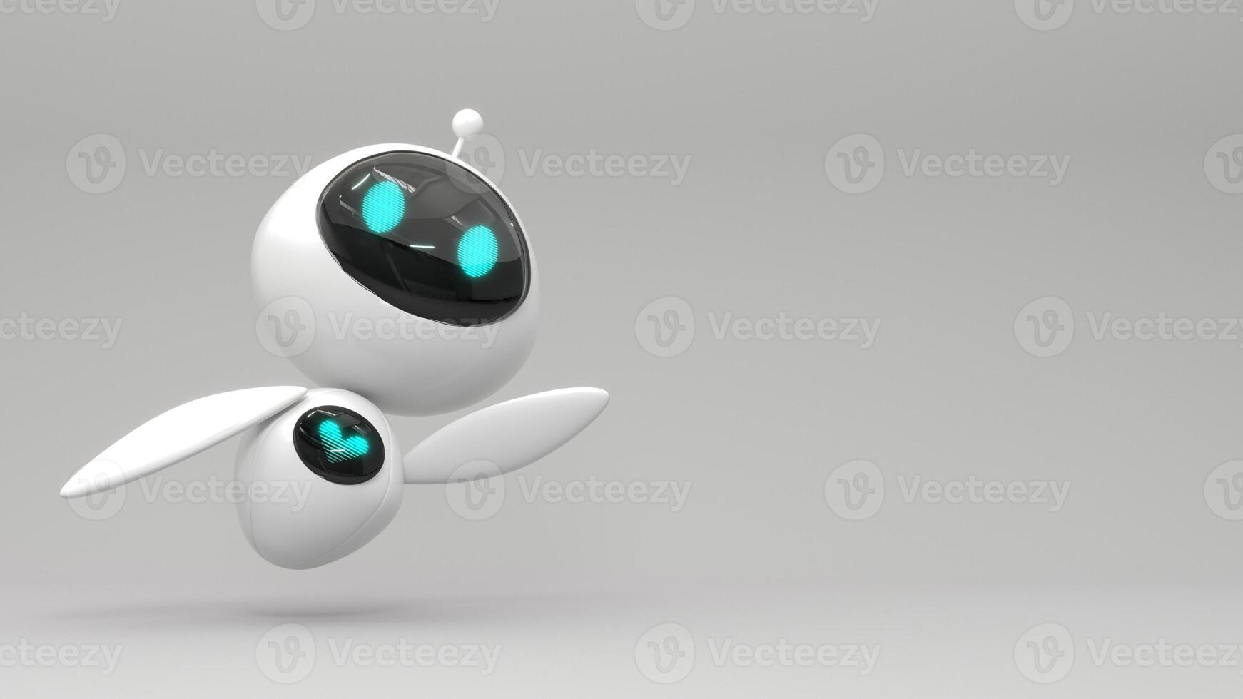 Friendly cute cartoon robot - 3d render. Technology concept. Customer support chatbot, online consultant, assistant. Kawaii bot with smiling face on the screen. Robotic toy. photo