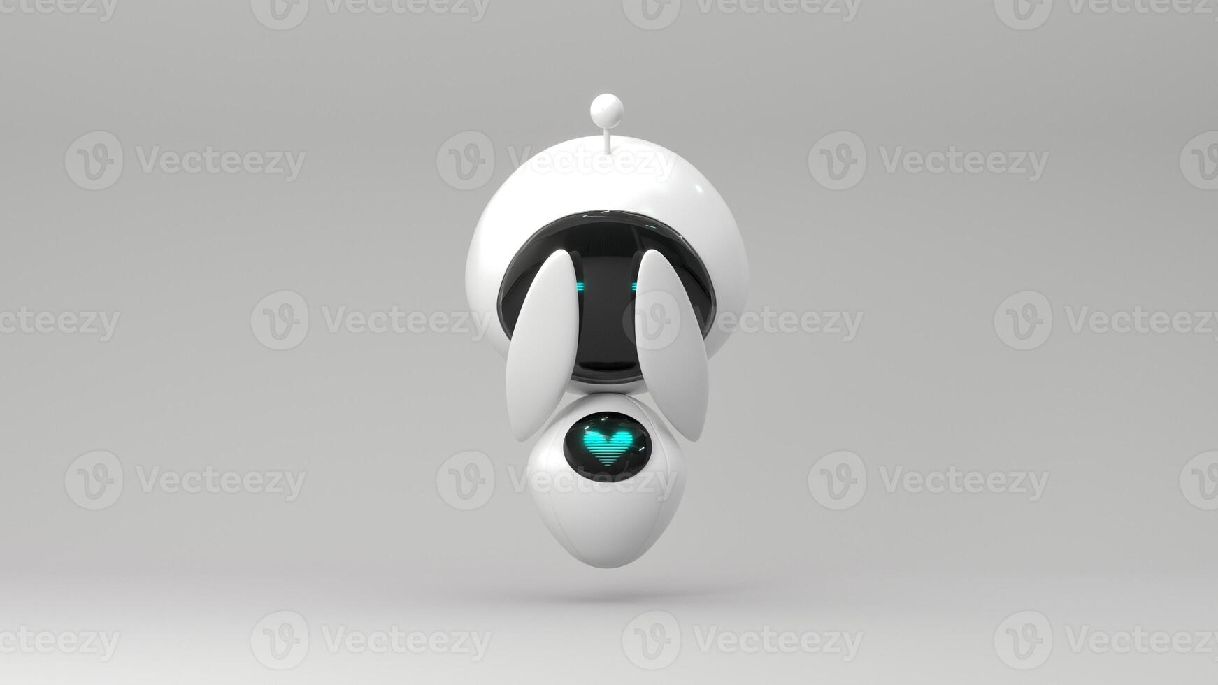 Friendly cute cartoon robot - 3d render. Technology concept. Customer support chatbot, online consultant, assistant. Kawaii bot with smiling face on the screen. Robotic toy. photo