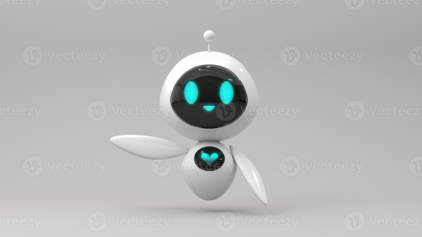 Friendly cute cartoon robot - 3d render. Technology concept. Customer support chatbot, online consultant, assistant. Kawaii bot with smiling face on the screen. Robotic toy. photo