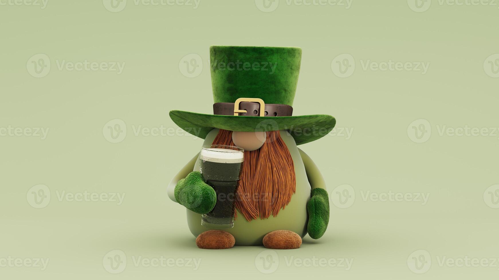 A charming 3d render illustration of a St. Patrick's Day gnome holding a lucky shamrock. Background with clovers, gold coins, and a cheerful leprechaun. Irish tradition character. photo