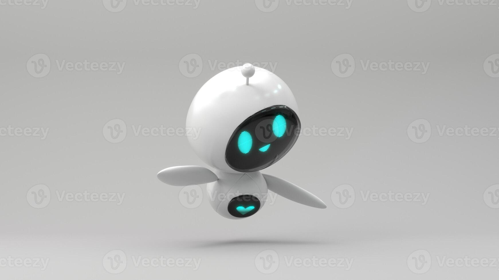 Friendly cute cartoon robot - 3d render. Technology concept. Customer support chatbot, online consultant, assistant. Kawaii bot with smiling face on the screen. Robotic toy. photo