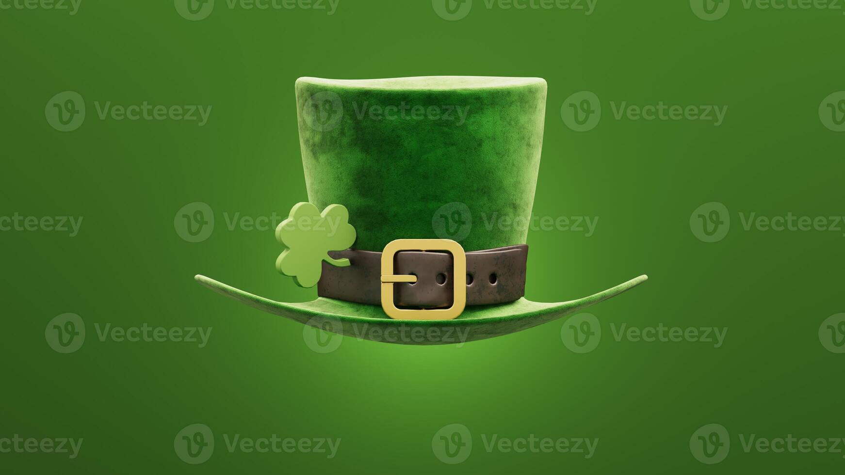 3D render of a classic green St. Patrick's Day hat with gold coins and shamrocks. A vibrant background symbolizing Irish culture and festive fun for advertising. photo