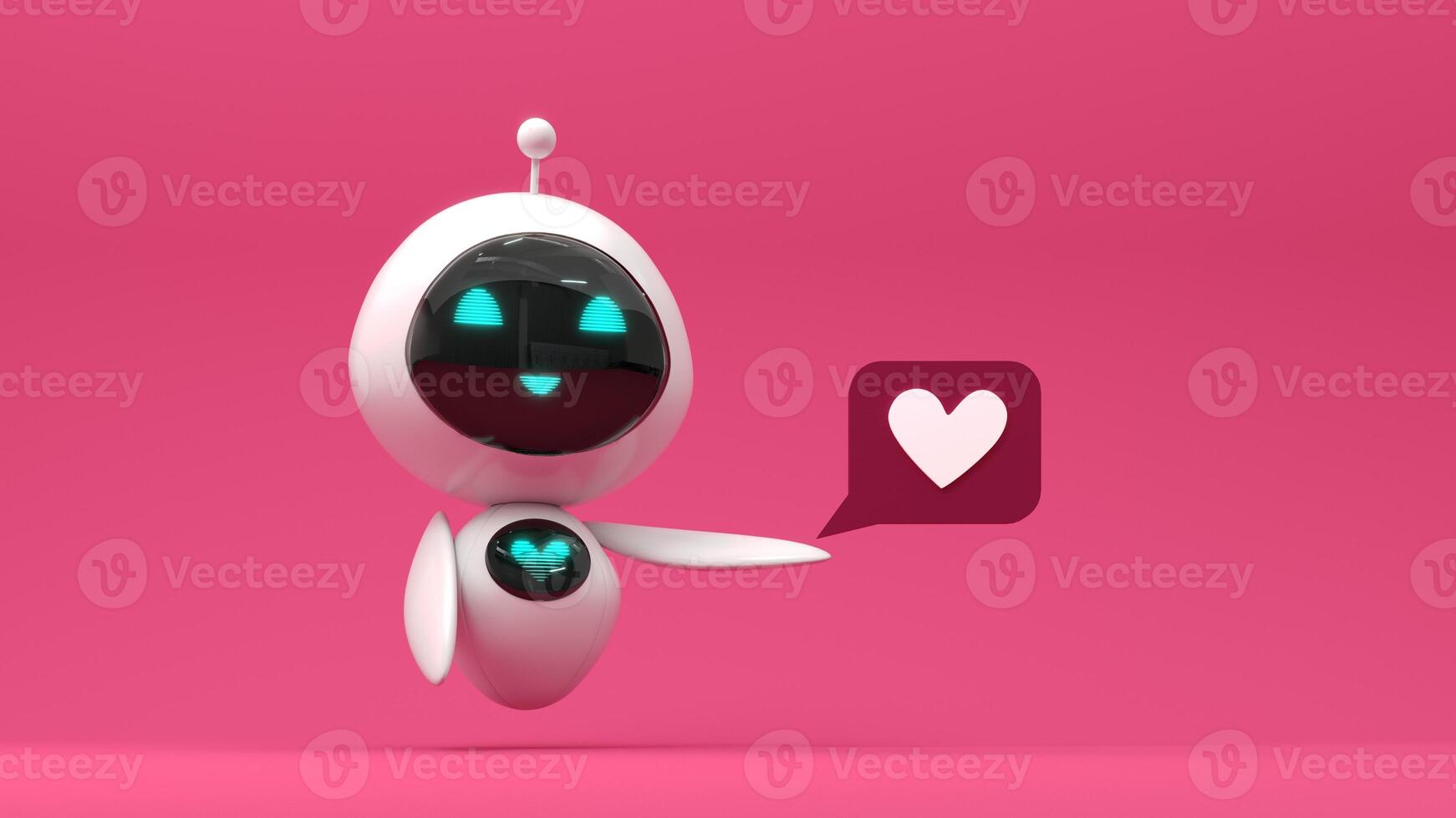 Friendly cute cartoon robot - 3d render. Technology concept. Customer support chatbot, online consultant, assistant, kawaii bot. Social media apps, UI and UX web design, application development. photo