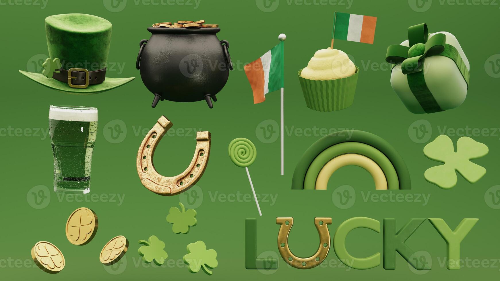 3D render set of vibrant St. Patrick's Day holidays elements including gold coins, green hats and festive clovers. Copy space background to promote Irish culture and seasonal celebrations. photo