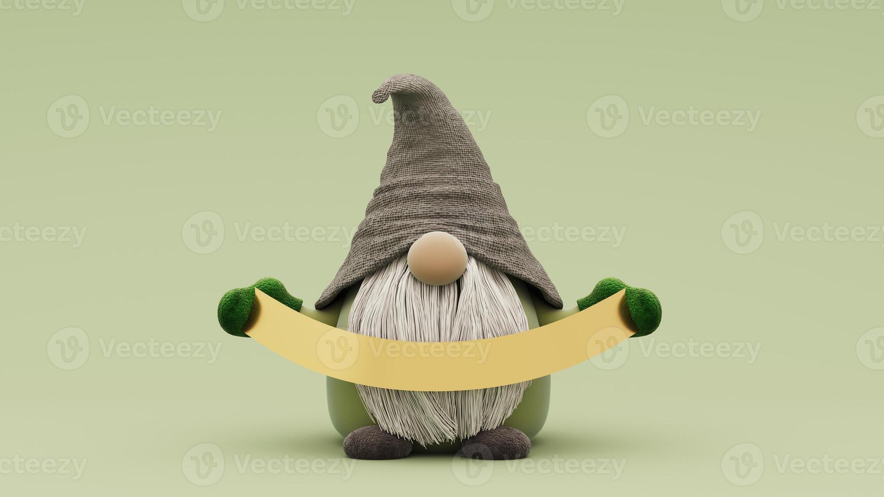 A charming 3d render illustration of a St. Patrick's Day gnome holding a lucky shamrock. Background with clovers, gold coins, and a cheerful leprechaun. Irish tradition character. photo