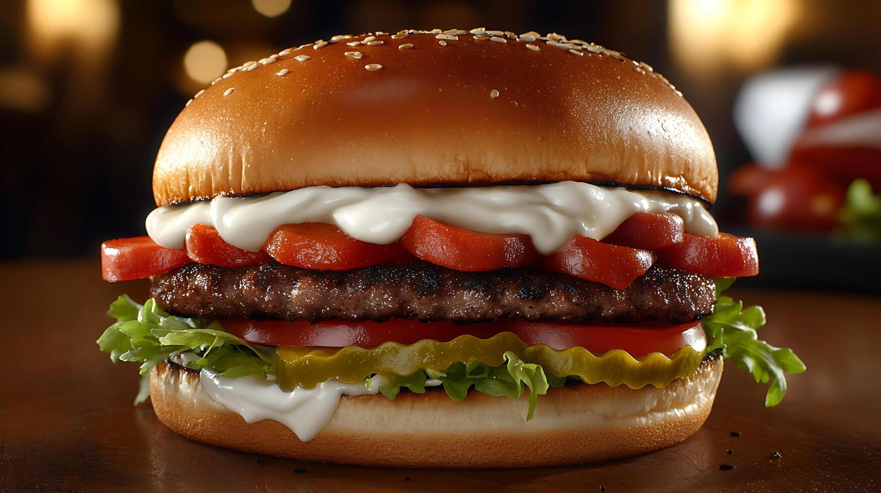 Savor a Fresh Burger with Tomatoes, Onions, and Lettuce photo