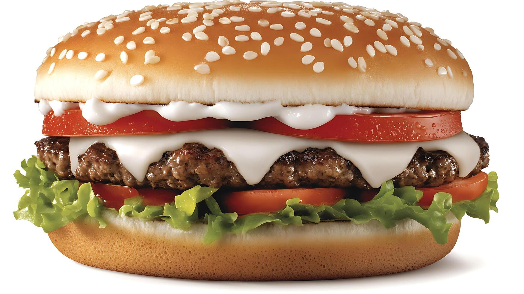 Enjoy a Fresh Burger with Crisp Lettuce, Tomatoes, and Onions photo