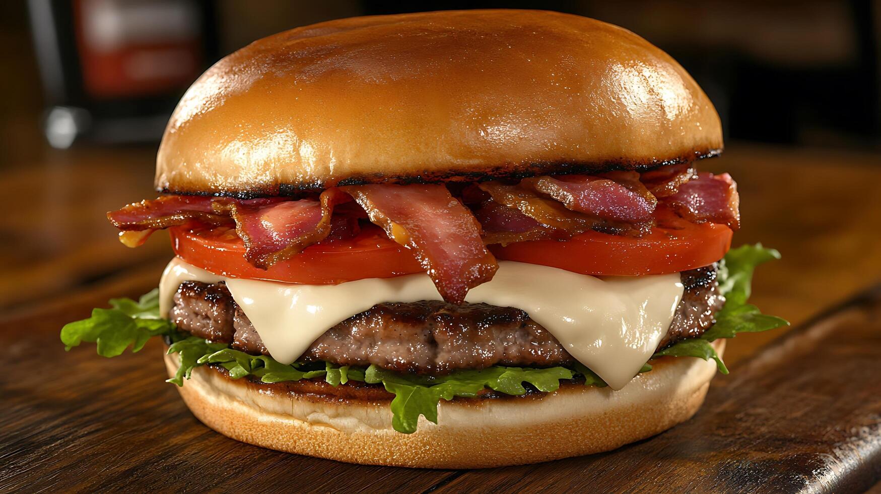 Indulge in a Fresh Burger with Crisp Lettuce, Tomatoes, and Onions photo