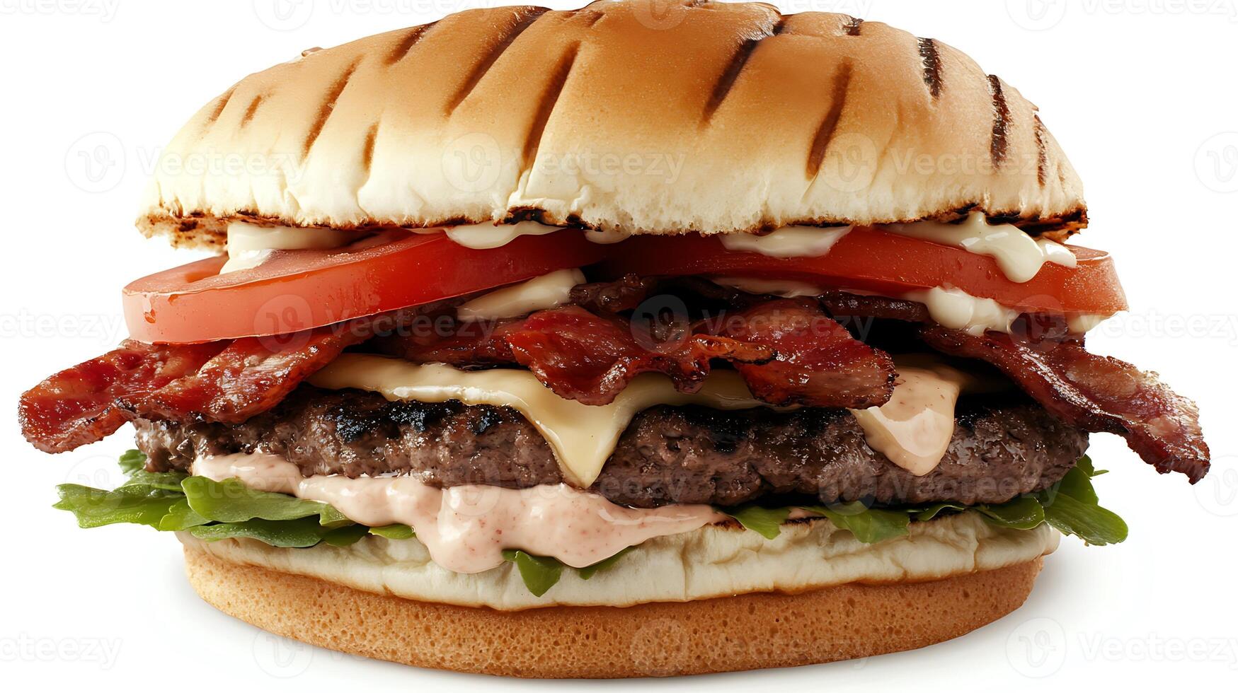 Discover the taste of a fresh burger topped with juicy tomatoes and onions photo