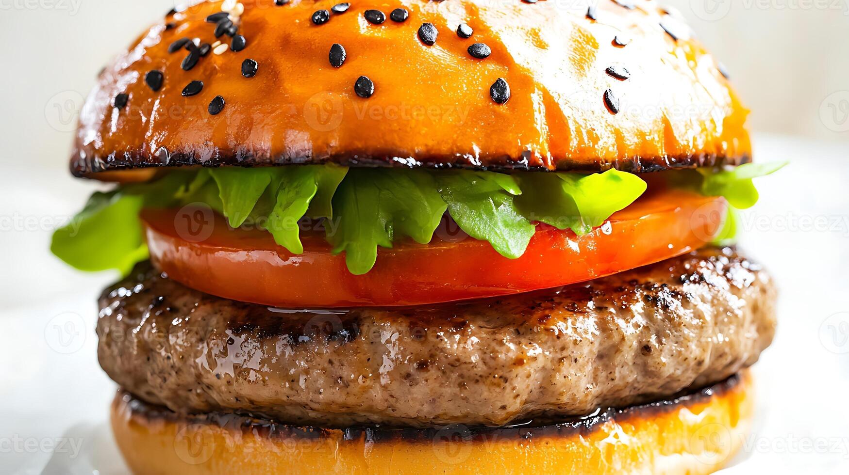 Indulge in a tasty burger loaded with fresh tomatoes, lettuce, and crunchy onions photo