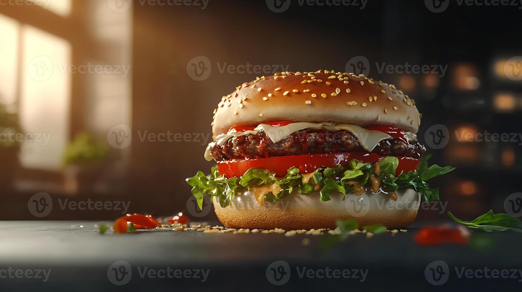 Discover a flavorful burger made with fresh lettuce, onions, and juicy tomatoes photo