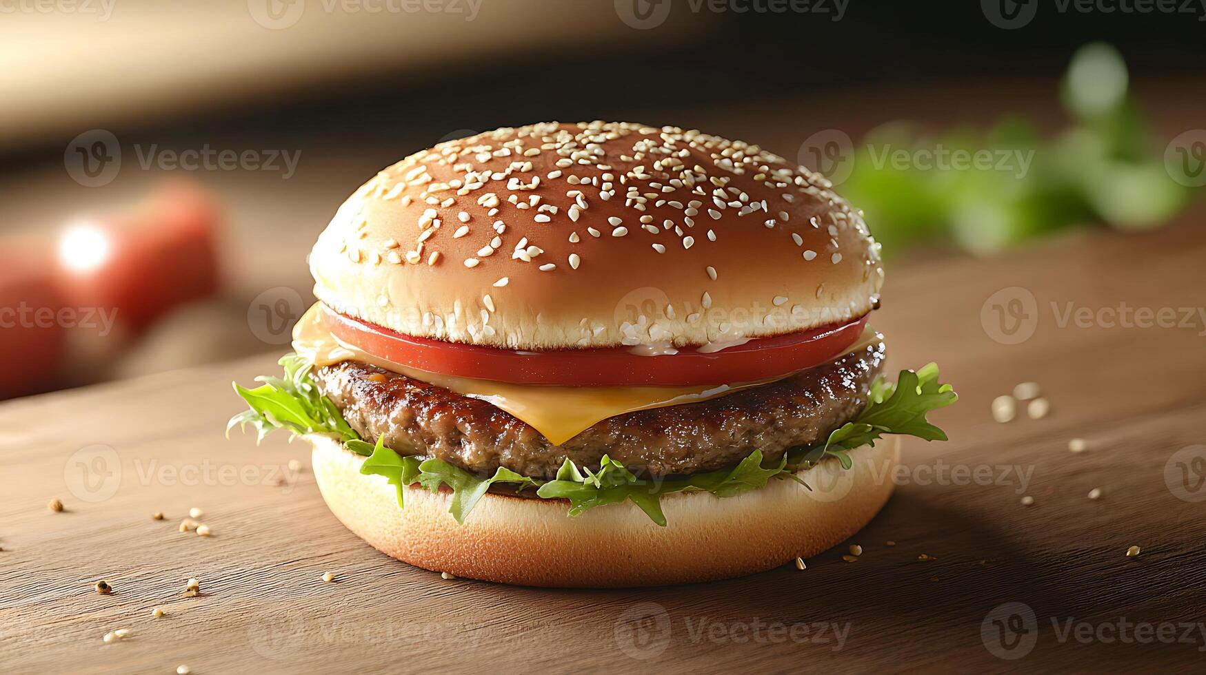 Bite into a burger filled with the freshness of lettuce, onions, and tomatoes photo