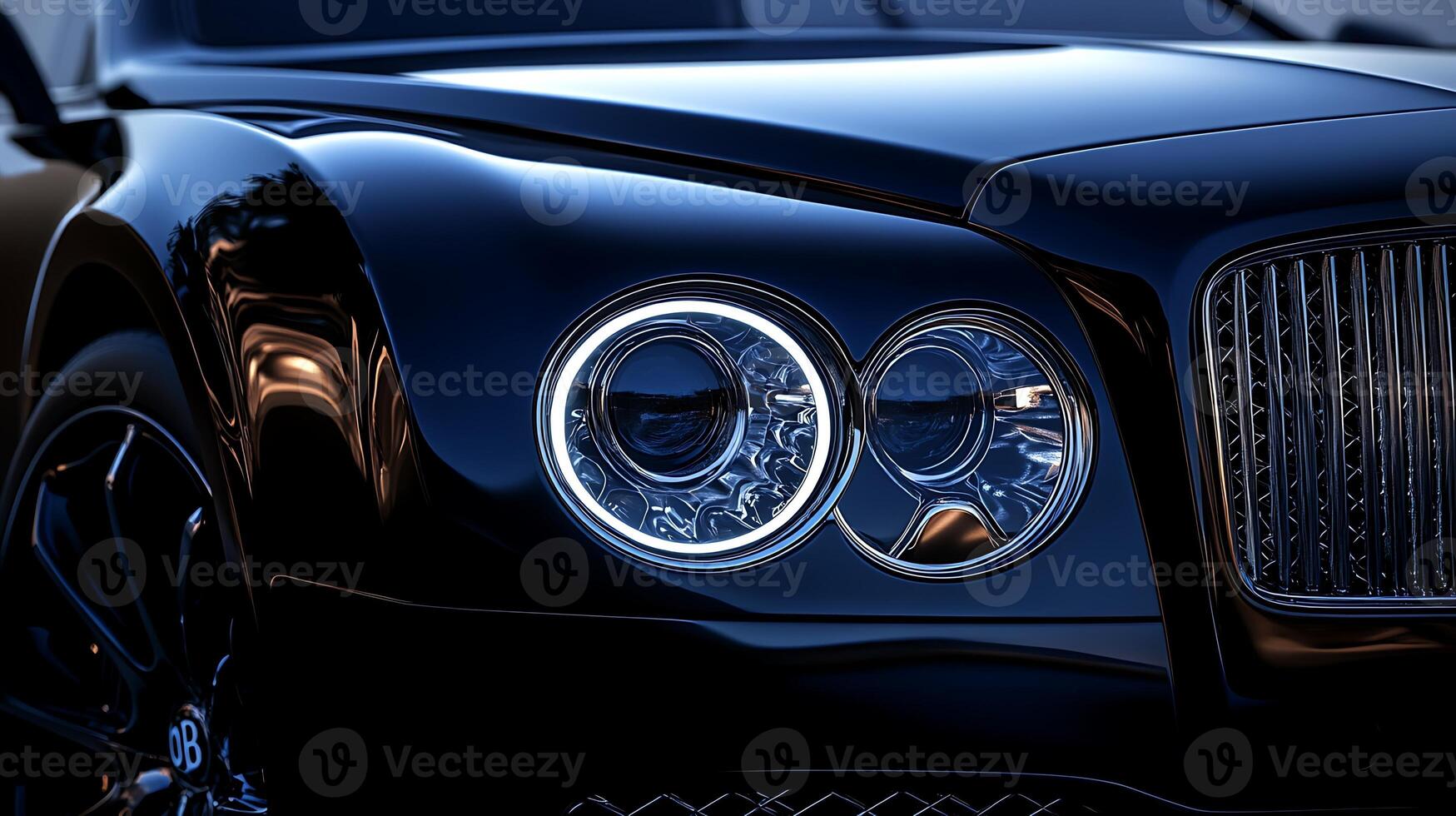 Elegant close-up of a glowing headlight from a luxury car with open copy space photo