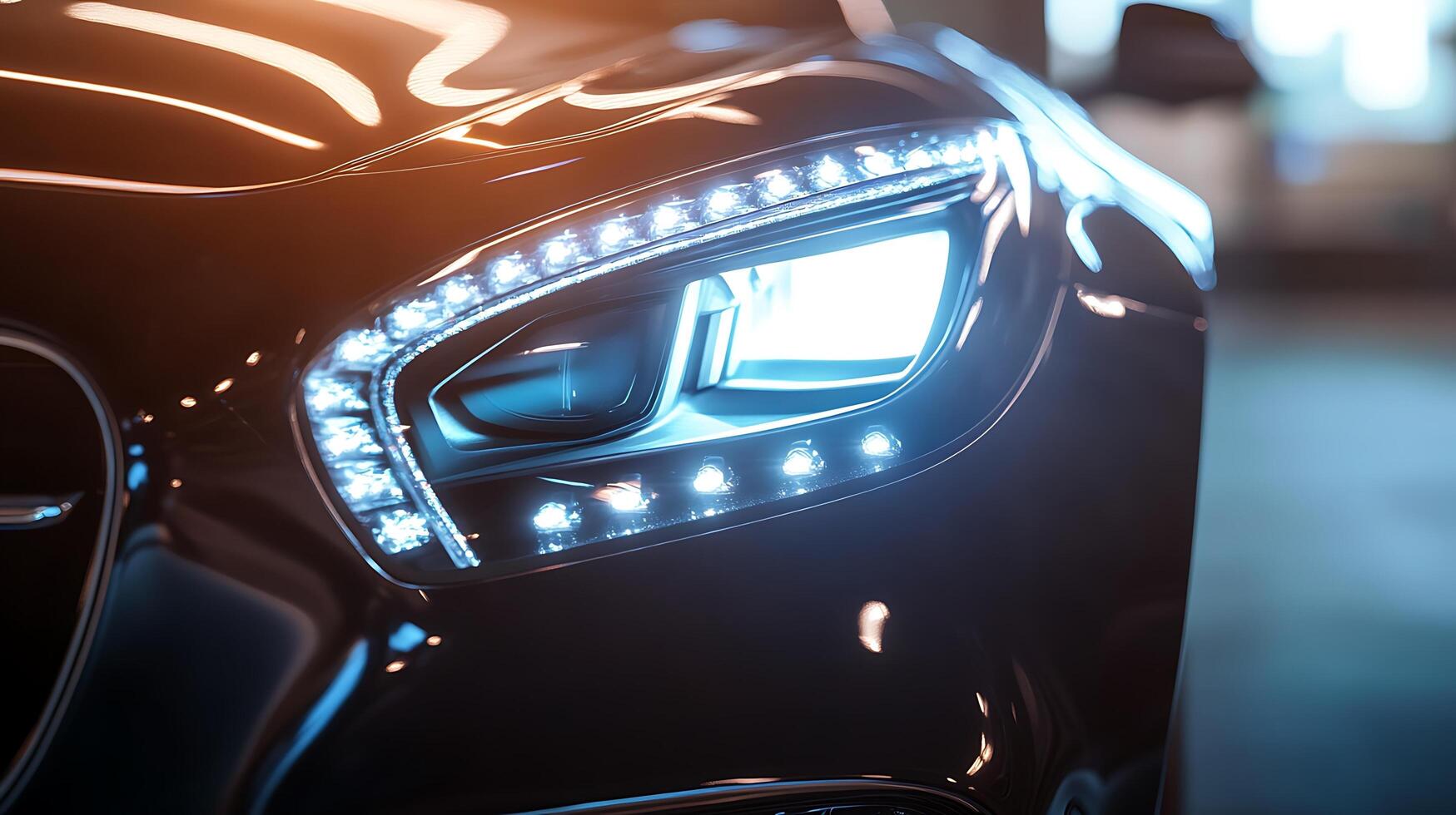 A glowing luxury car headlight and front light with abundant copy space for designs photo