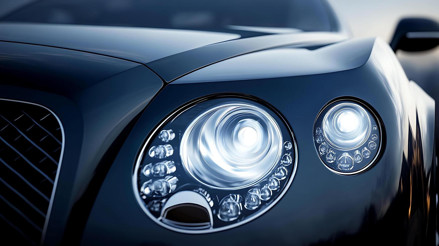 A stylish headlight close-up on a luxury car with spacious copy space for branding photo
