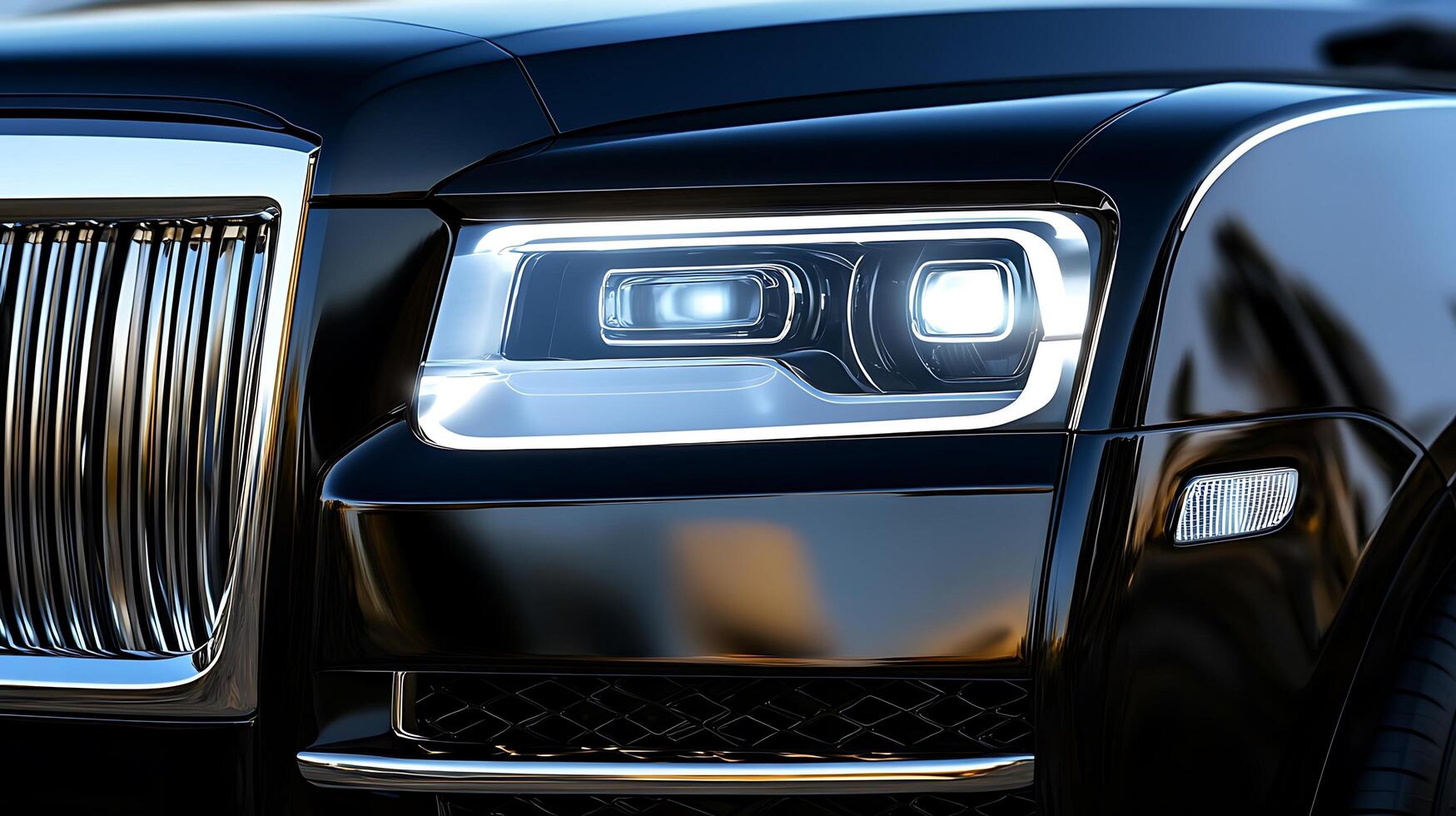 Modern luxury car headlight and front light close-up for designs with ample copy space photo