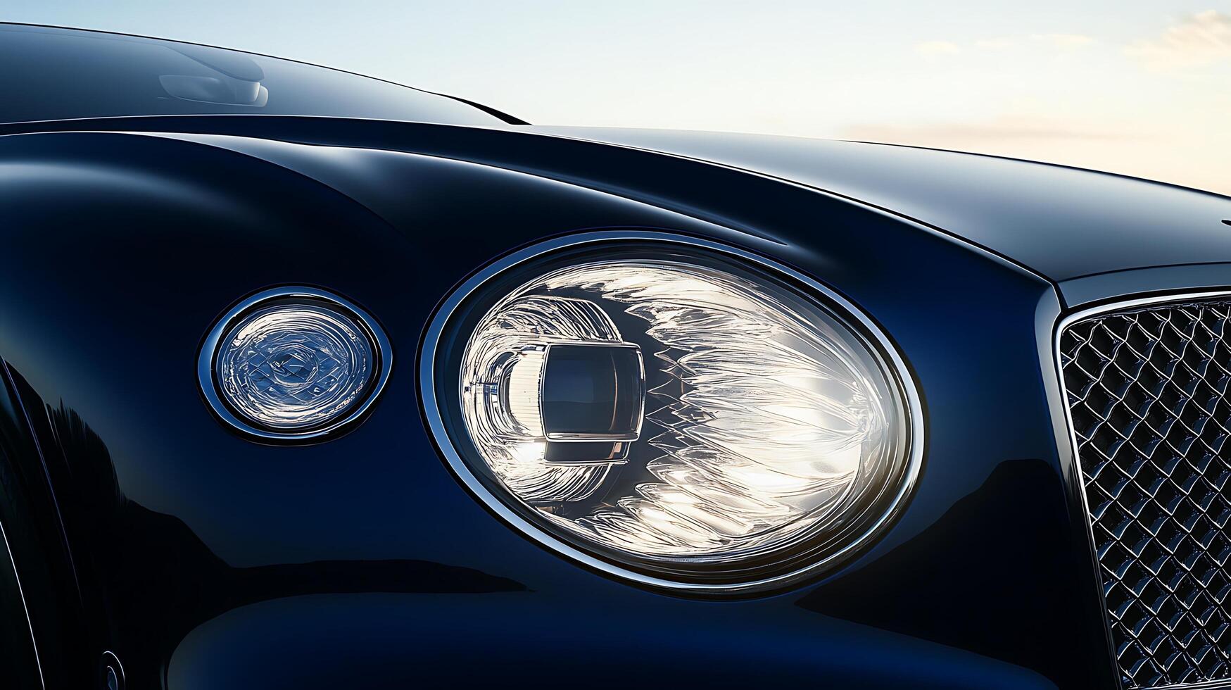 Bright and bold luxury car headlight close-up with generous copy space photo