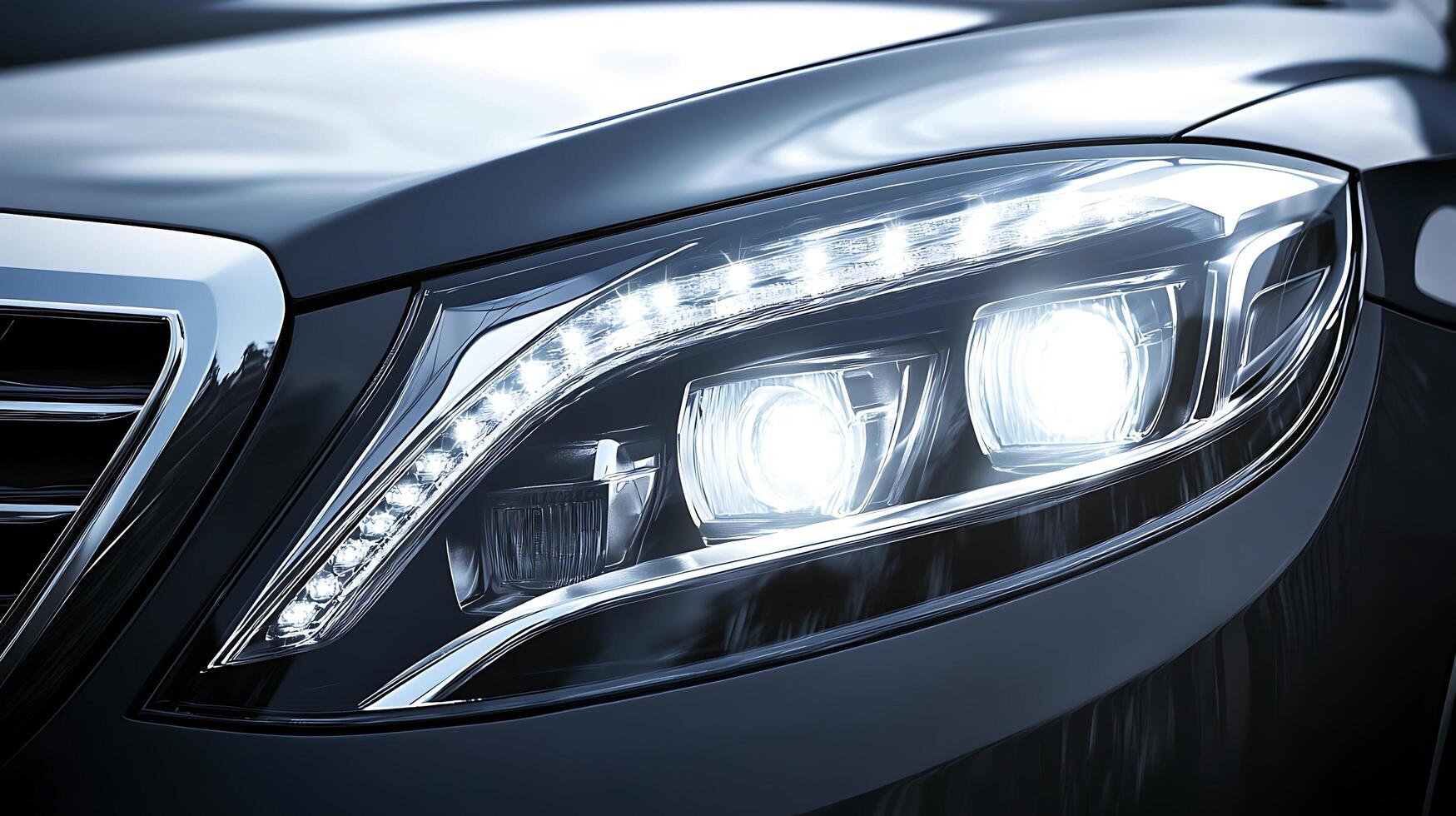 A close-up of luxury car lighting with detailed headlight design and copy space photo