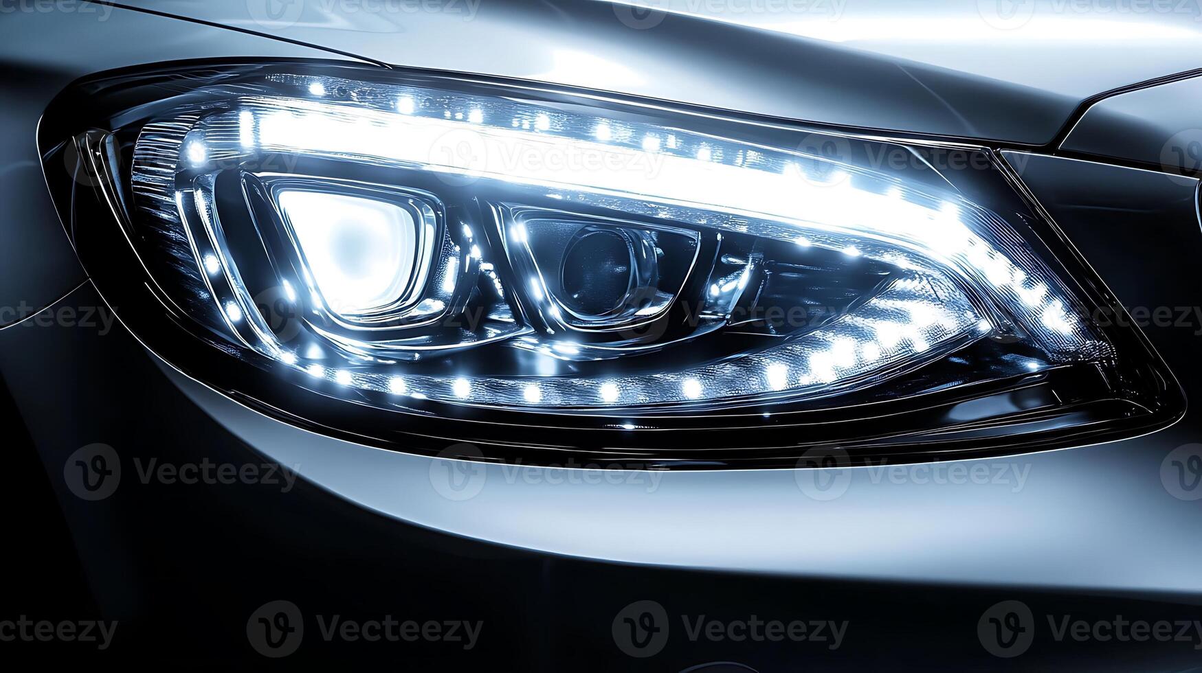 Glowing headlight close-up of a luxury car with spacious and open copy space photo