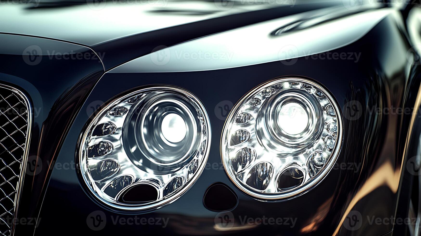 A glowing close-up of a luxury car front light with spacious copy area photo