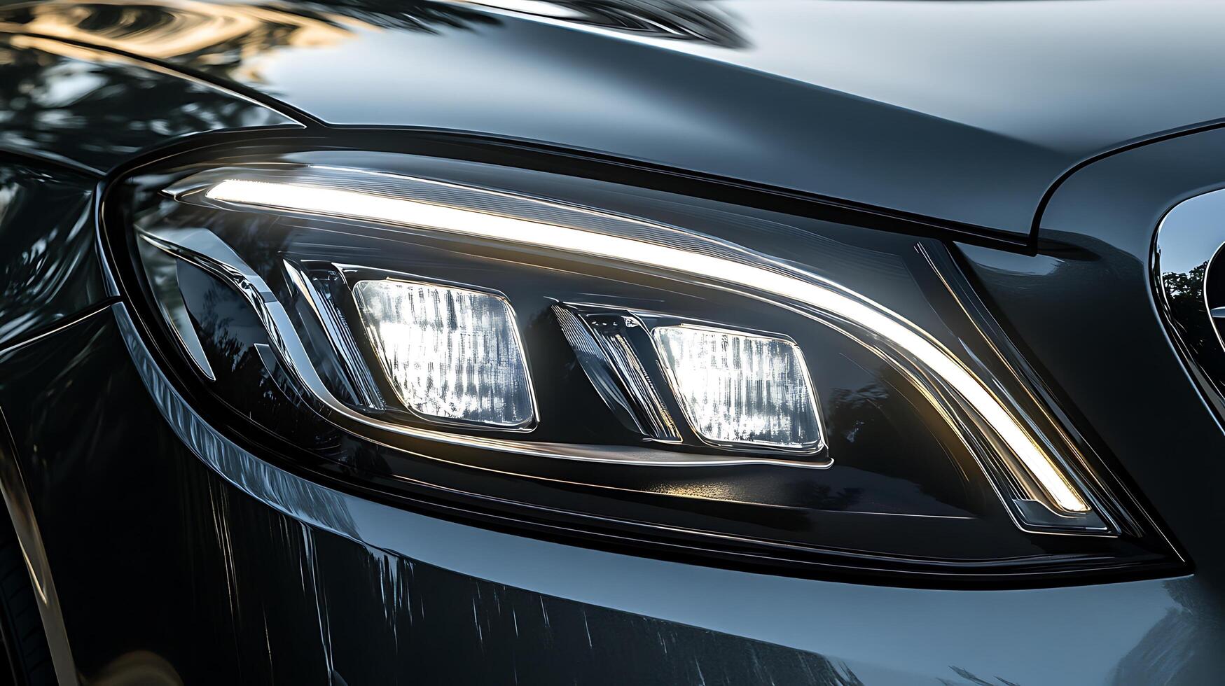 A modern luxury car headlight and front light in stunning close-up with copy space photo