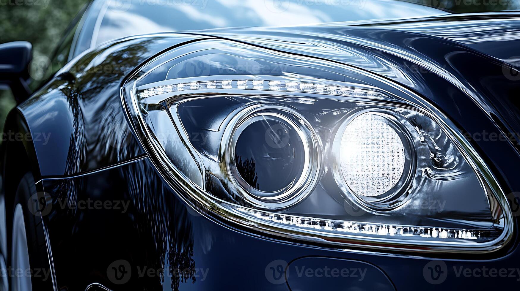 Luxury car headlight close-up highlighting its design with ample copy space photo