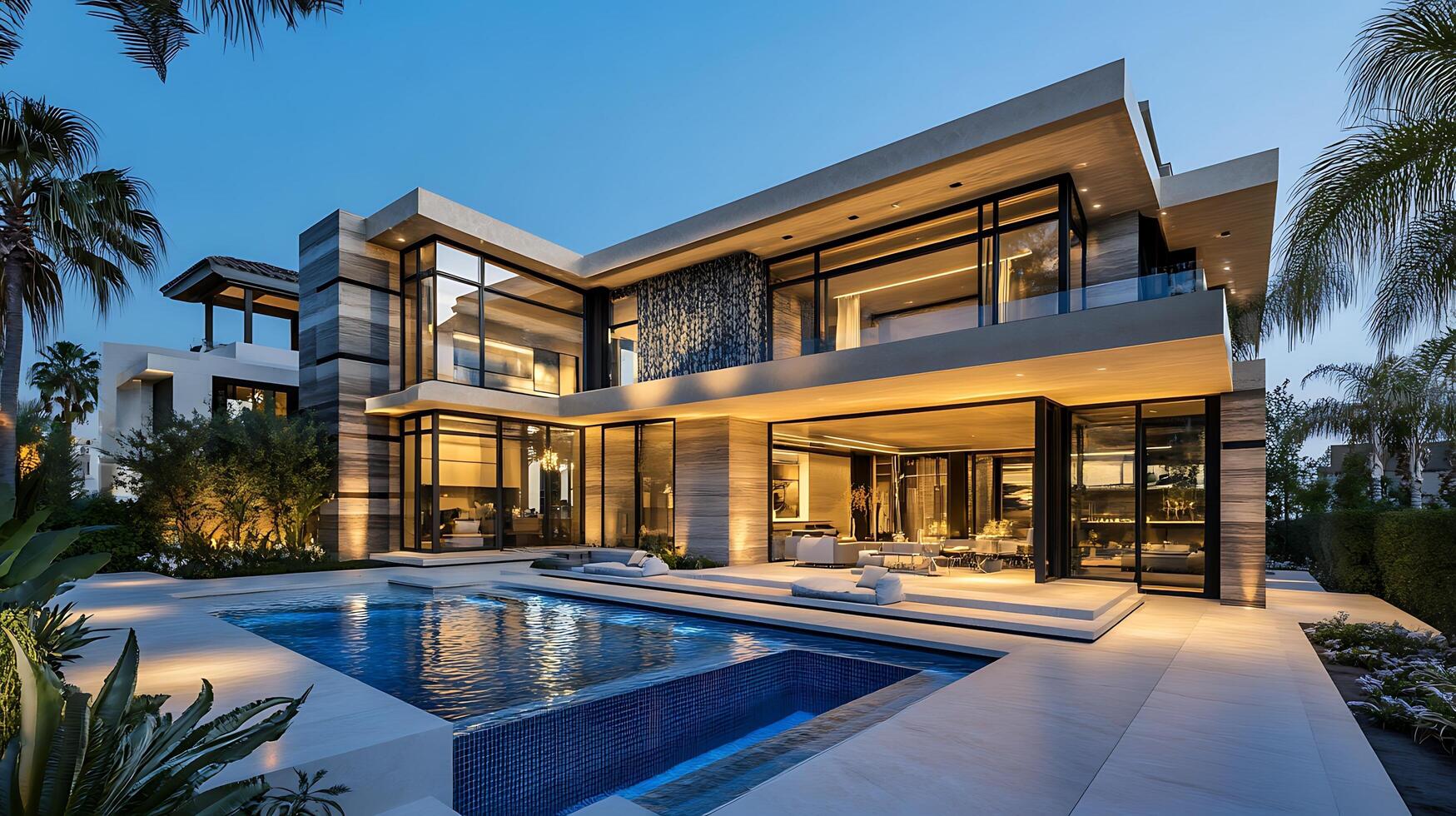 High-resolution image of a luxurious modern residential house with unique architecture photo