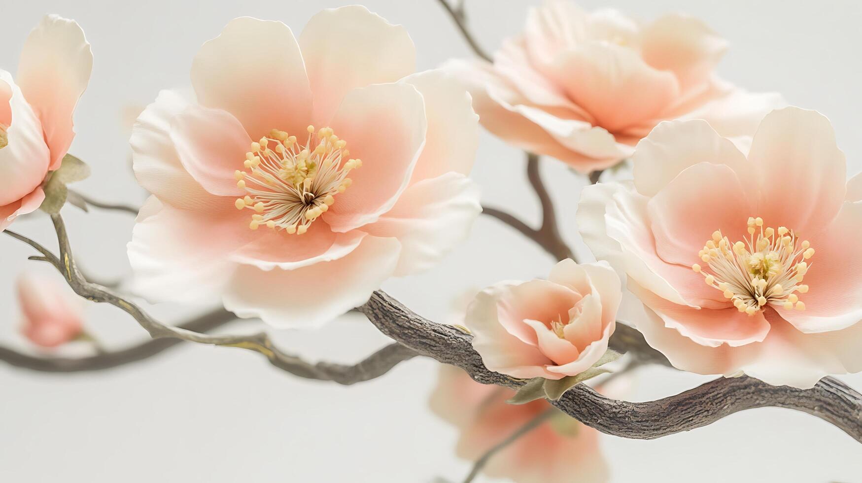 Captivating Close-Up Shot Featuring Realistic Flowers and Tree Branch photo