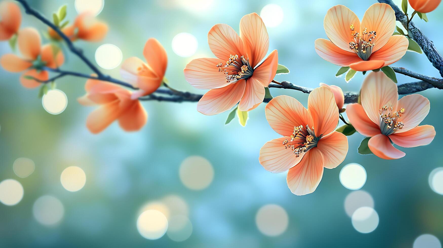 Stunning Floral Close-Up with Realistic Flowers and a Tree Branch photo