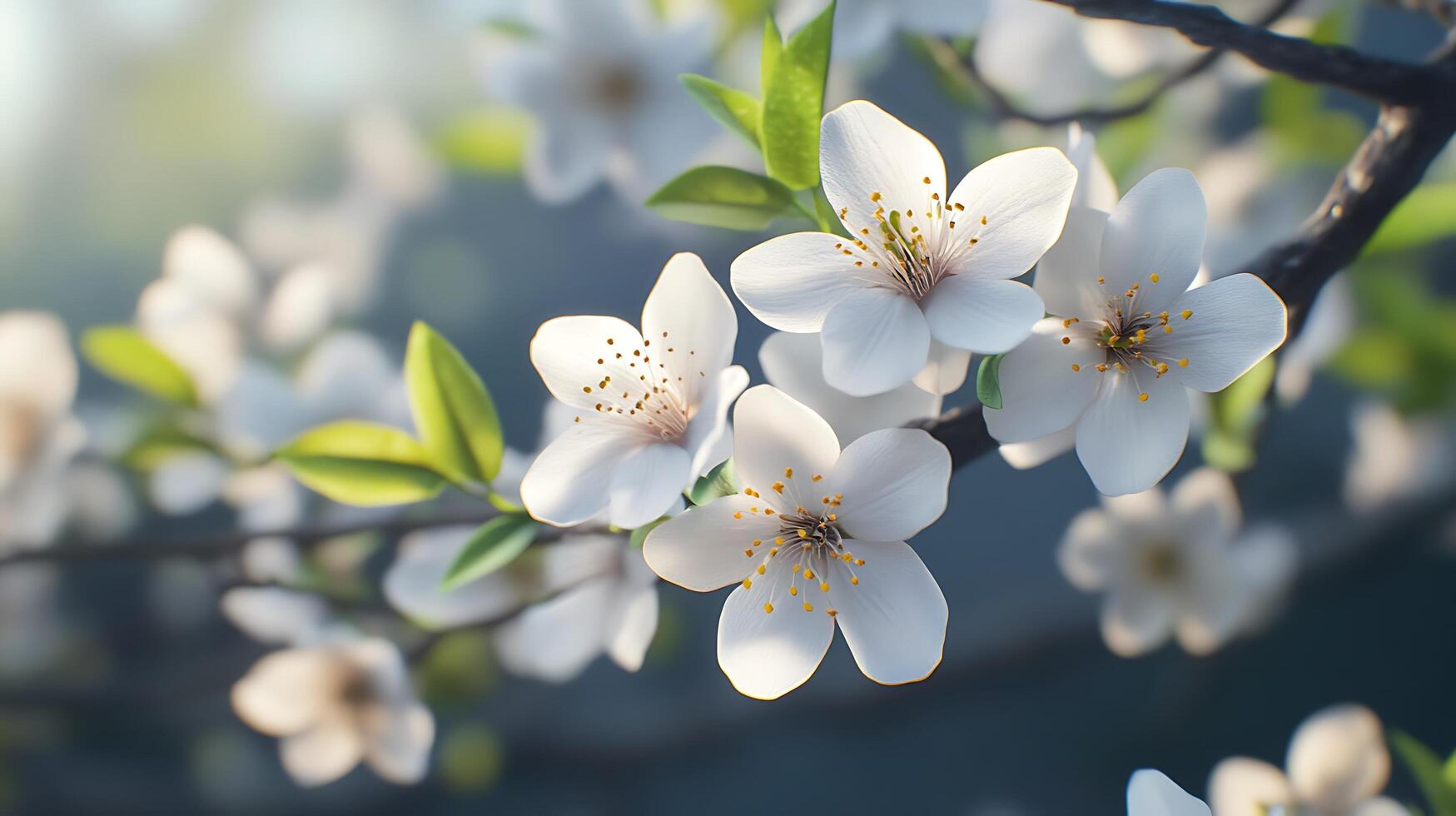 Elegant Close-Up View of Realistic Flowers Resting on a Tree Branch photo