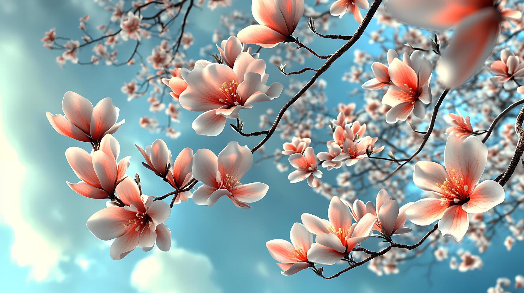 Artistic Close-Up of Realistic Flowers and Tree Branch photo