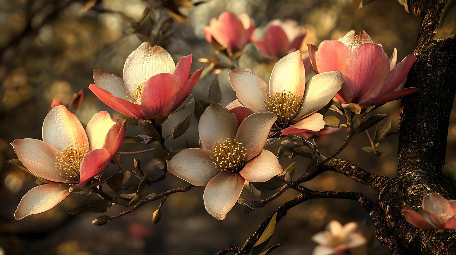 Captivating Close-Up Shot of Realistic Flowers with a Tree Branch photo