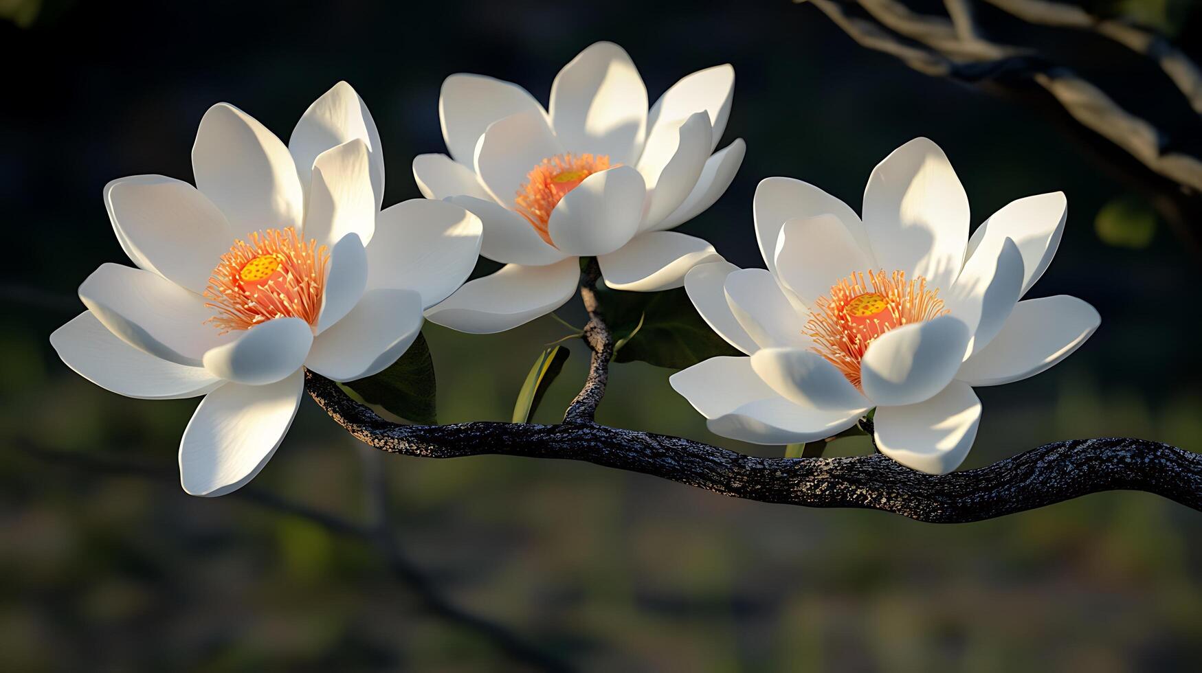 Artistic Nature Close-Up of Realistic Flowers Resting on a Tree Branch photo