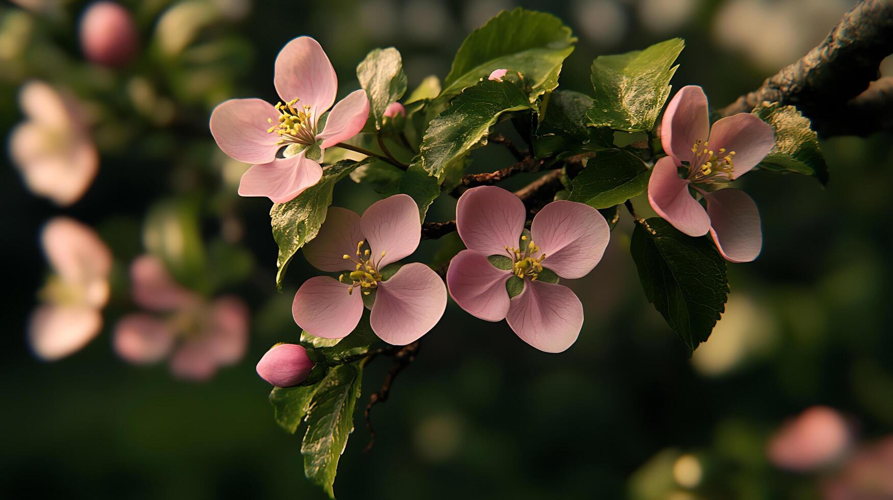 Realistic Flowers Adorning a Tree Branch in a Stunning Close-Up Frame photo