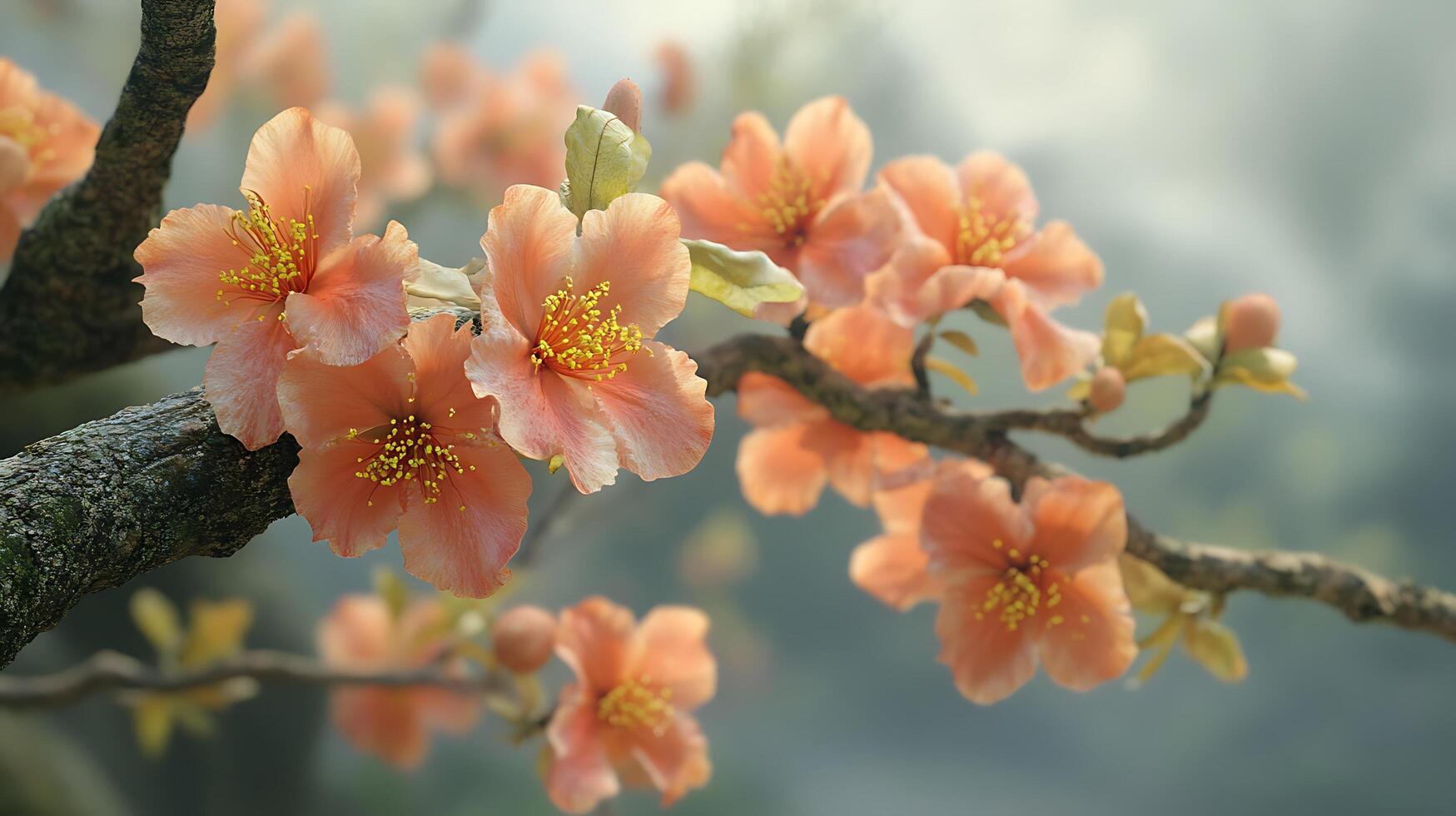Stunning Close-Up of Realistic Flowers Highlighting the Graceful Tree Branch photo