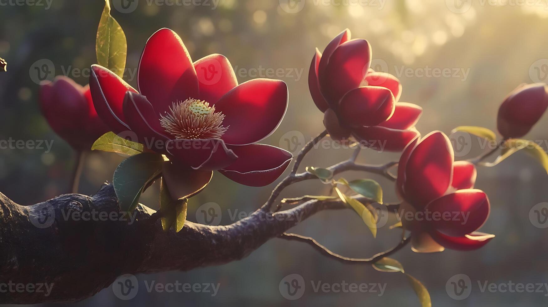 Artistic Close-Up of Vibrant Blossoms on a Twisted Tree Branch photo