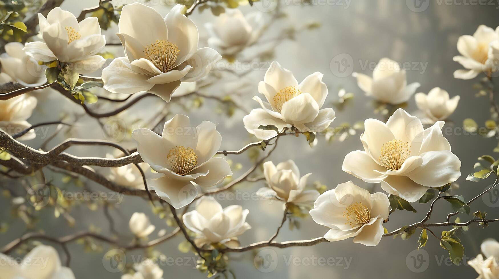 Tree Branch Embracing Realistic Blossoms in Stunning Close-Up photo
