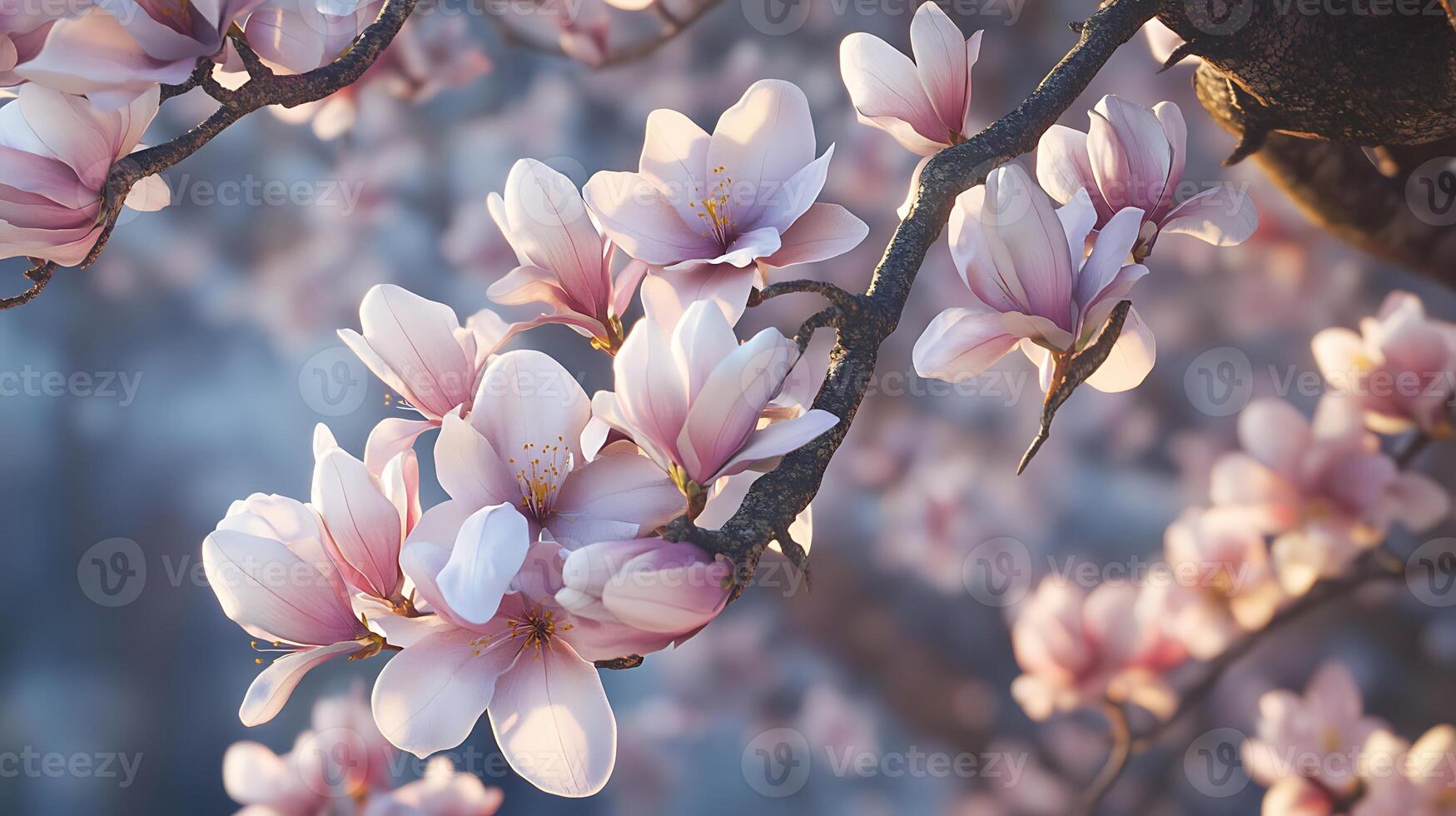 Enchanting Close-Up of Lush Flowers Hugging a Weathered Tree Branch photo