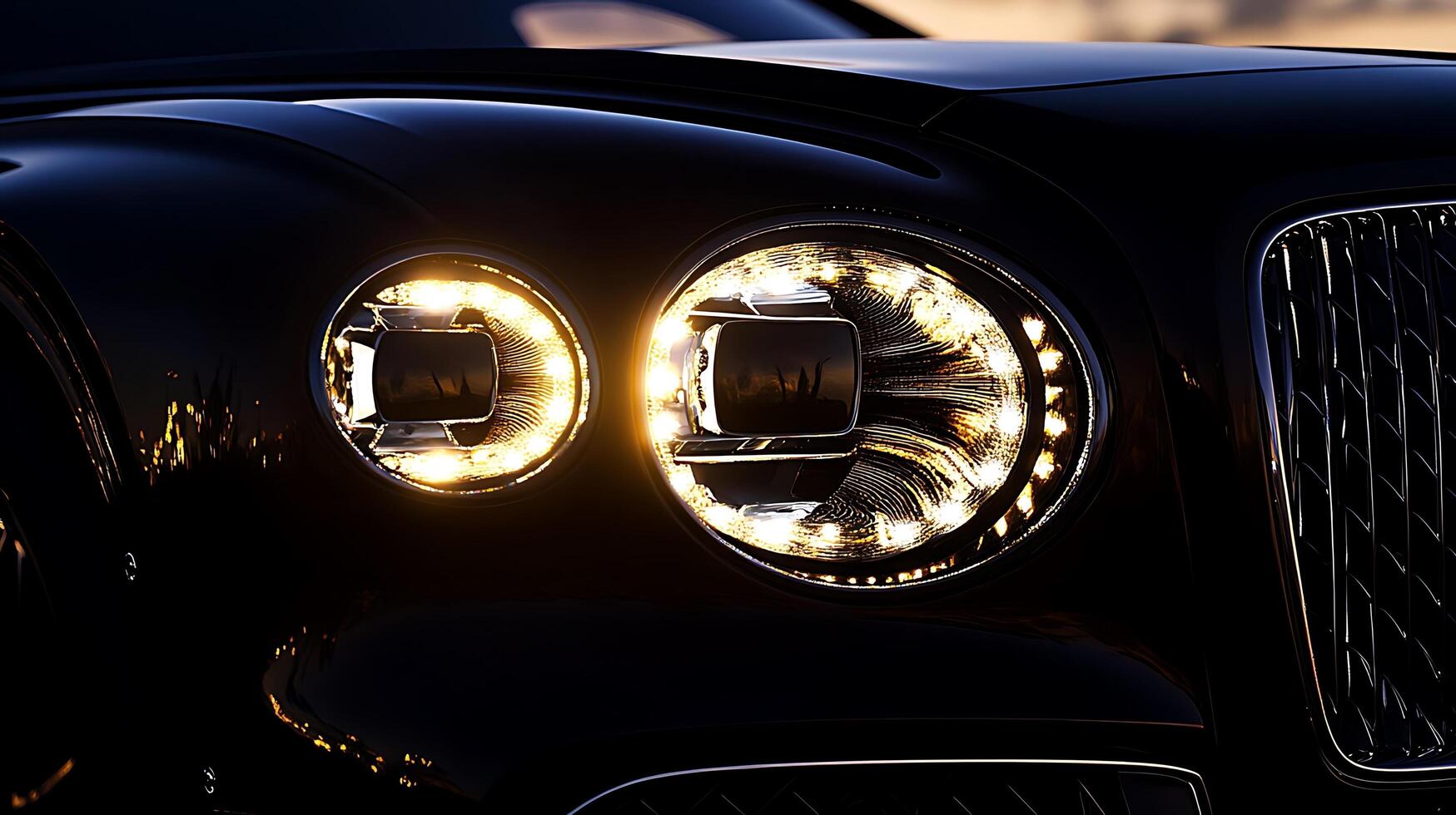 Close-Up of Glimmering Luxury Car Headlights Piercing the Night photo
