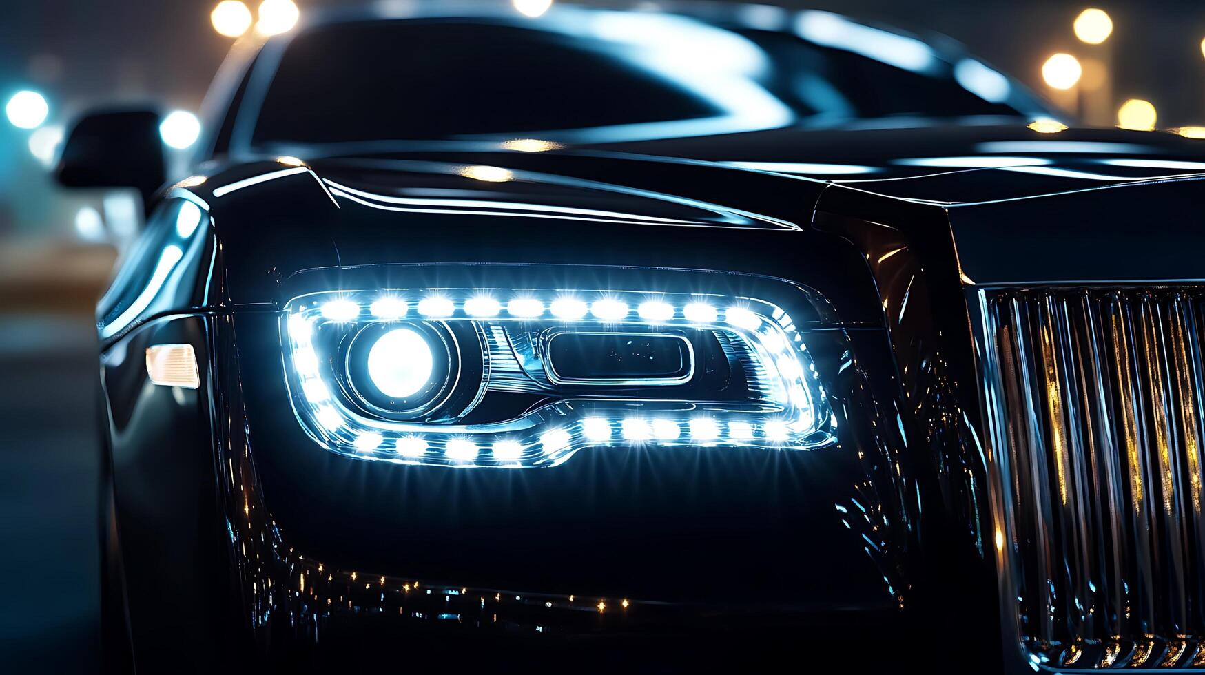 Close-Up of Sleek Headlights on a Luxury Car at Night photo