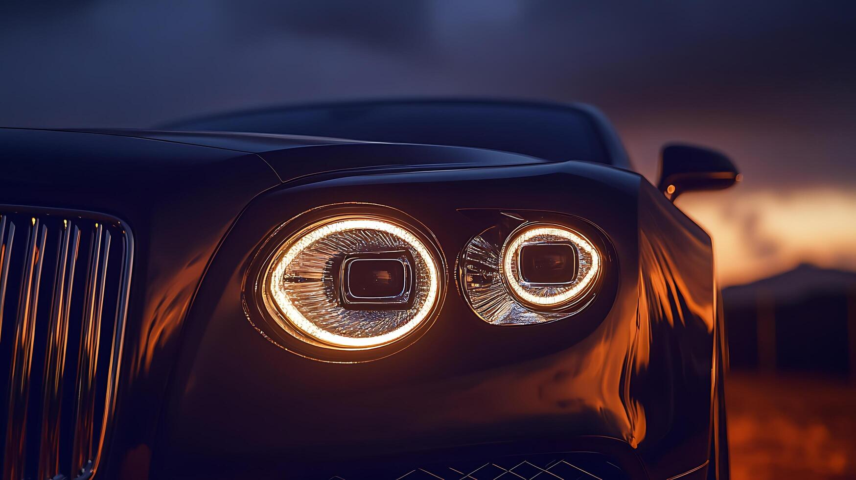 Glowing Luxury Car Headlights Cutting Through the Night Darkness photo