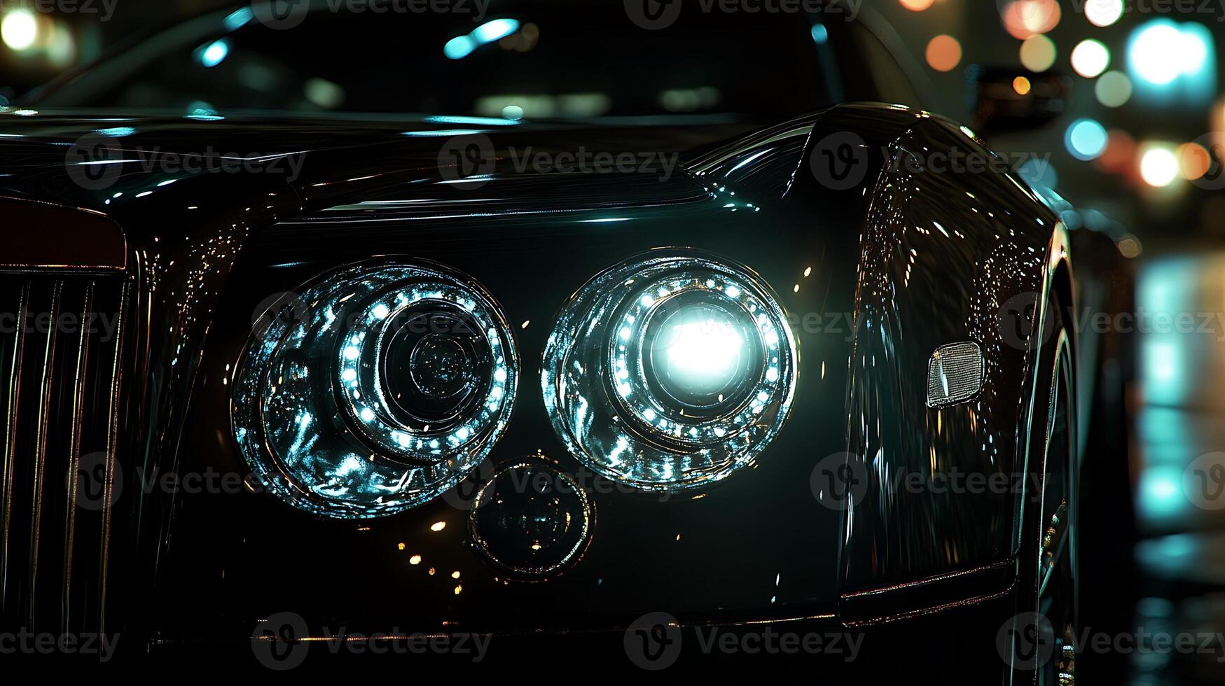 Bright Headlights of a Luxury Car Shimmering in the Darkness photo